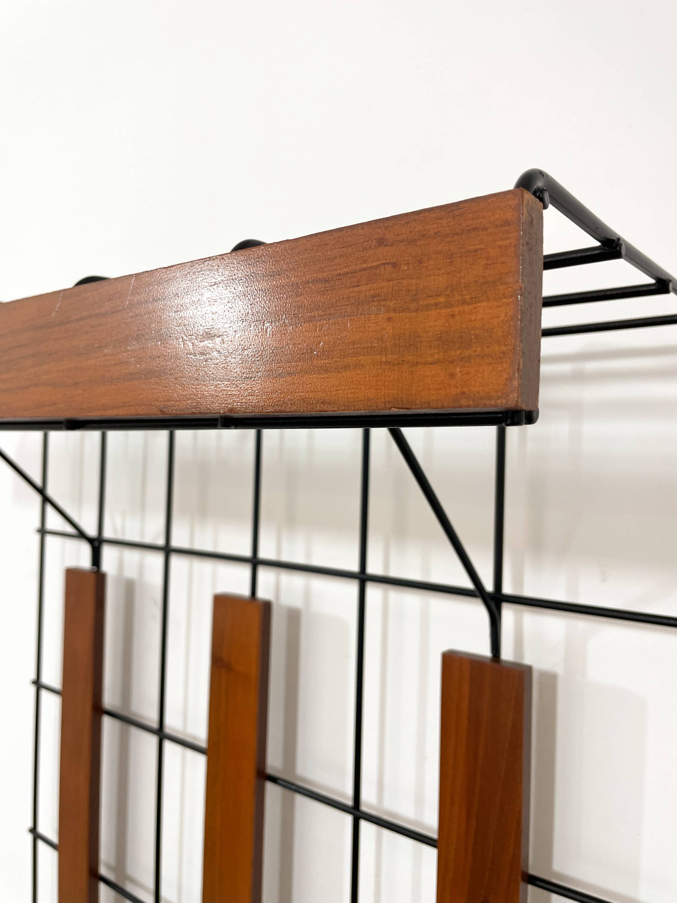 Metal and wood wall coat rack, 1950s-60s.