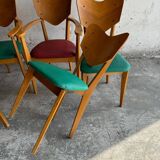 Set of 6 René-Jean Caillette Heart-Shaped Chairs, Bent Wood with Green & Burgundy Upholstery