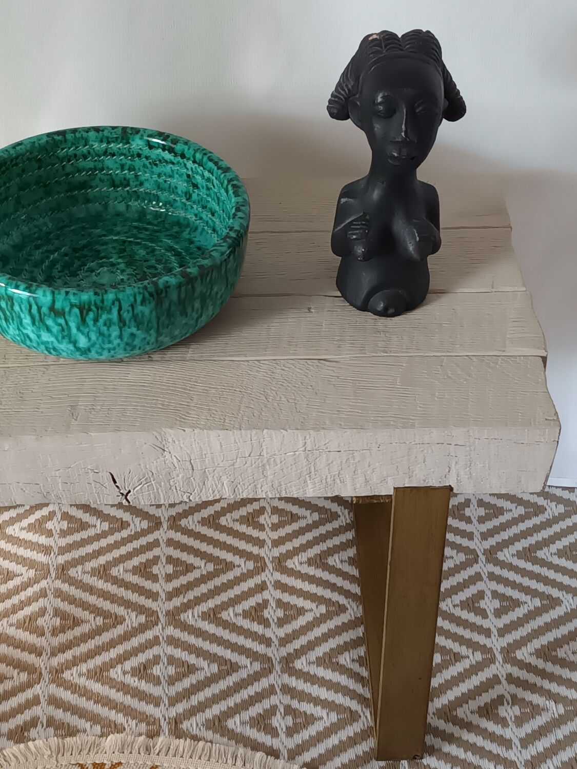 Chevron-patterned solid oak coffee table handmade.