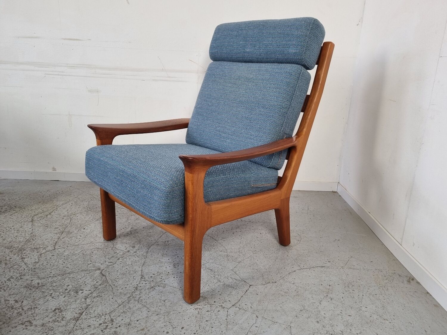 Pair of armchairs and Scandinavian teak ottoman by Juul Kristensen, Denmark 1970s