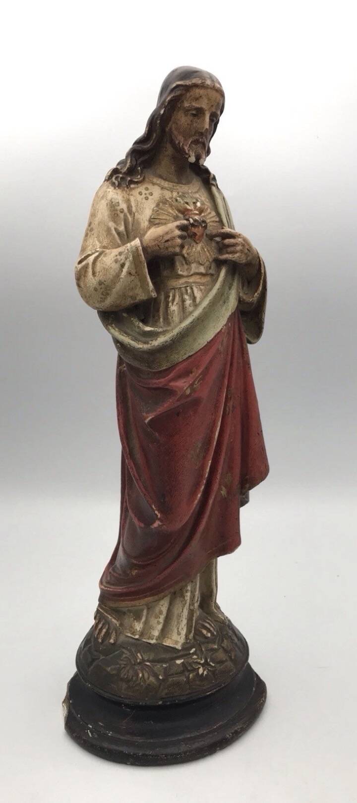 SACRED HEART of Jesus, polychrome plaster religious statue signed 19th century.