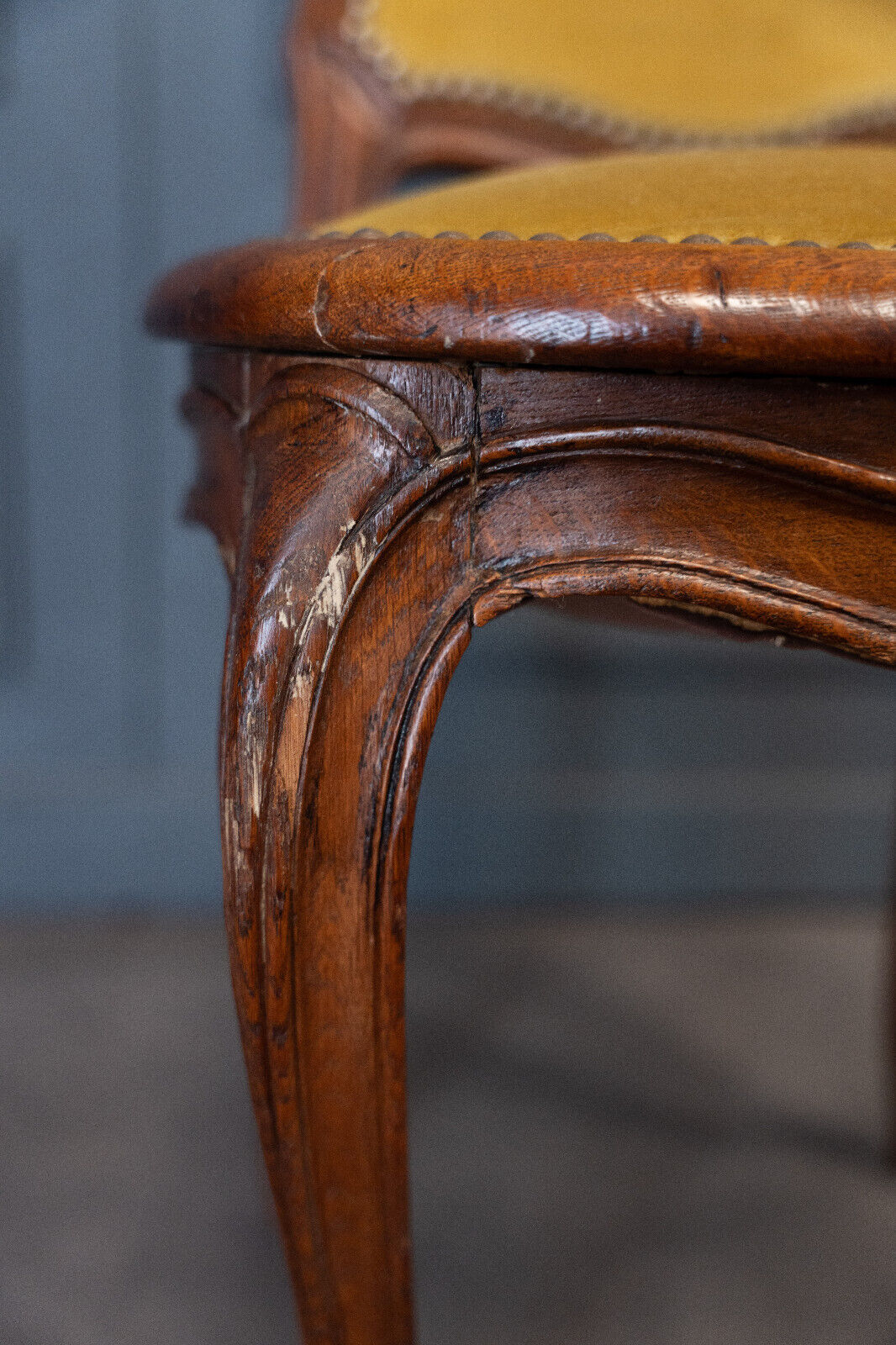 Suite of 6 Louis XV style chairs in walnut nineteenth yellow velvet