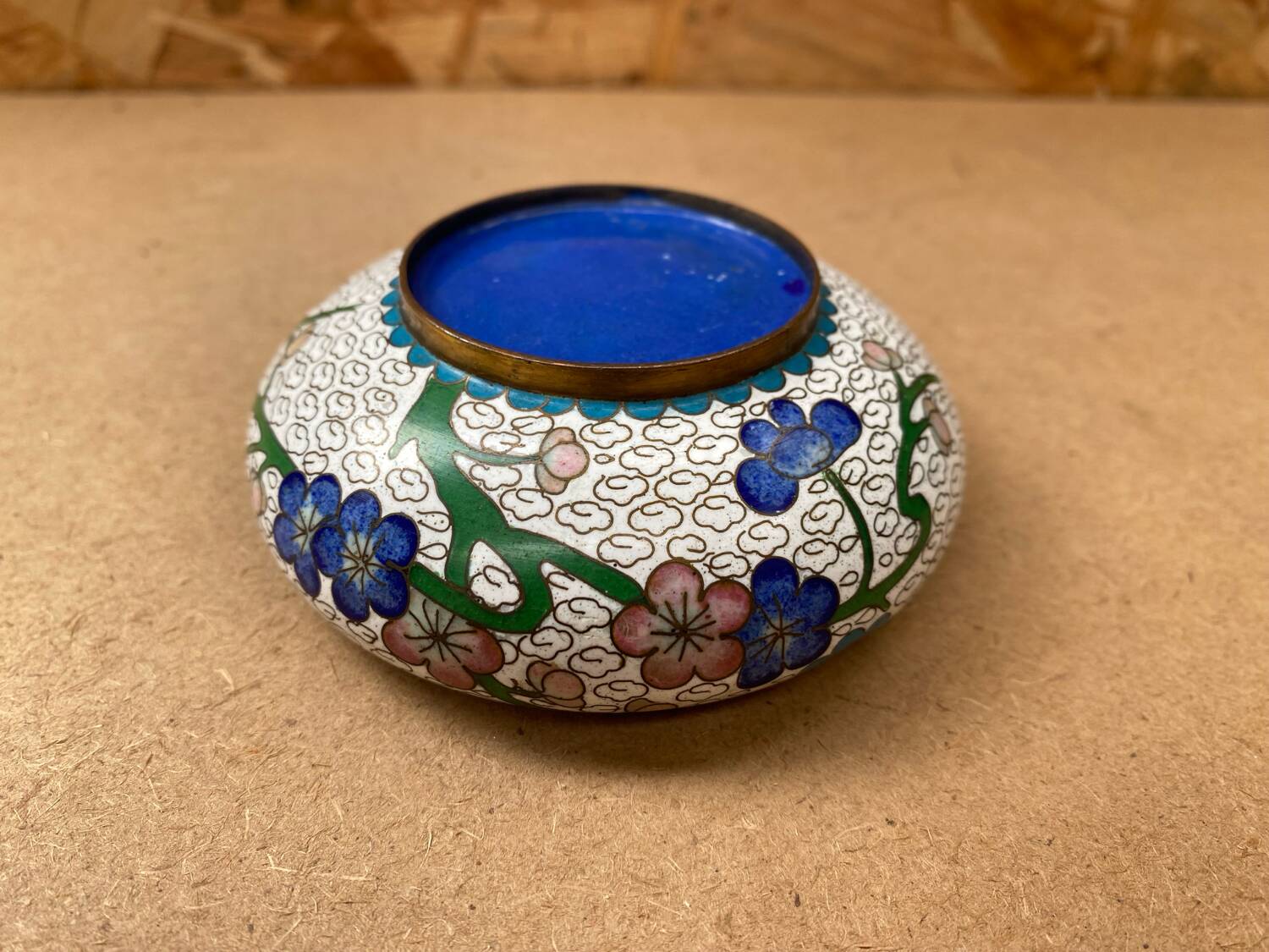 Antique Chinese Bronze Cloisonne Enamel Ashtray Vintage Flower Pattern