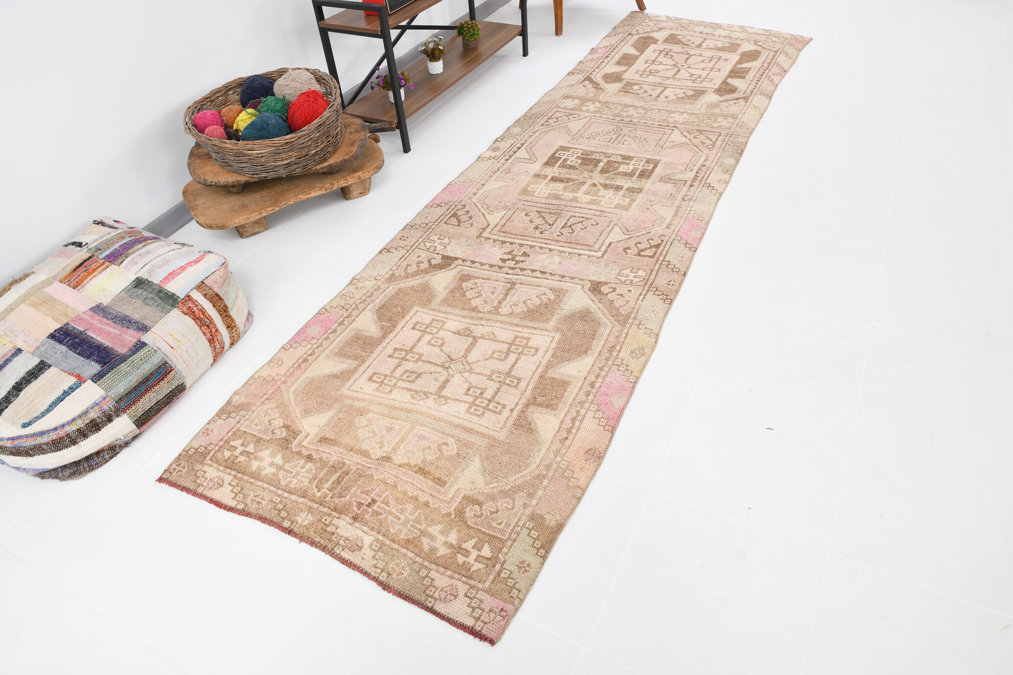 3x12 brown & beige vintage runner rug 100x360cm