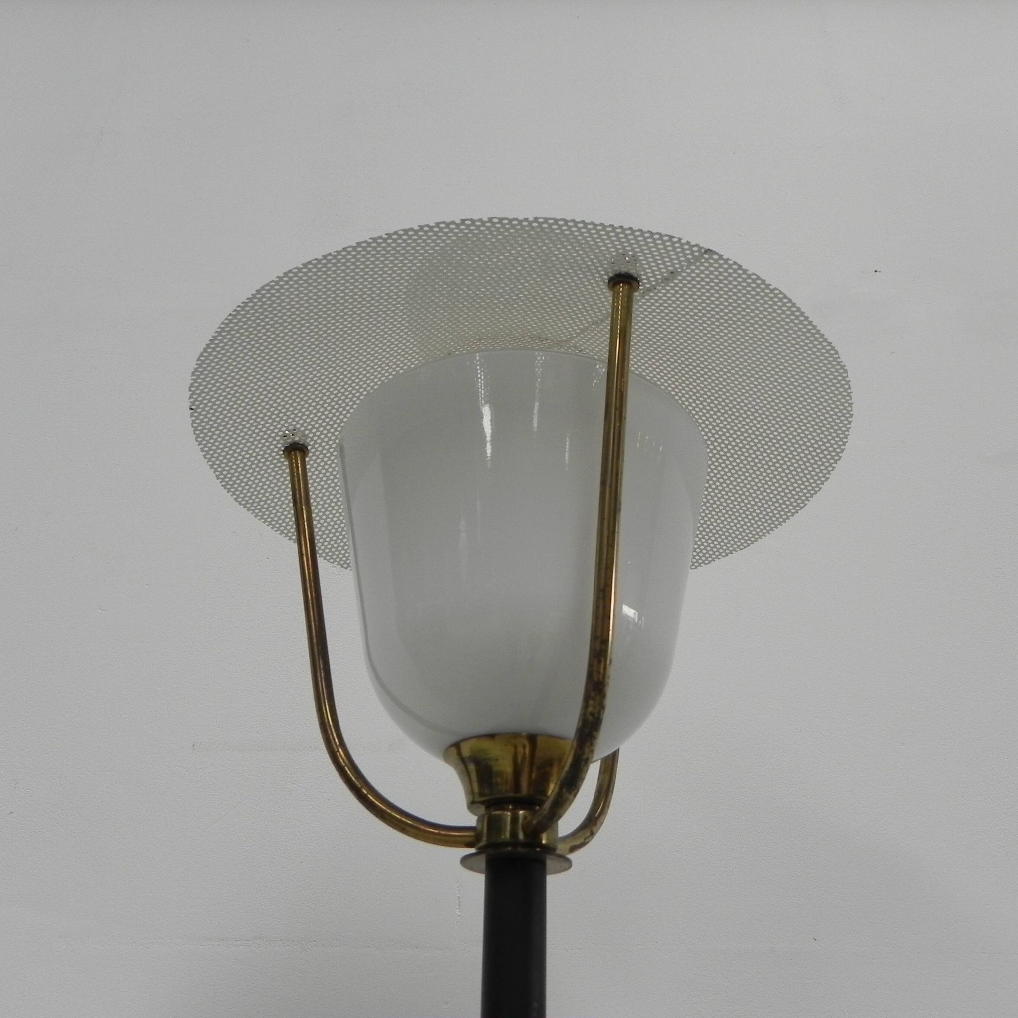 Standing vintage lamp with glass shade and perforated steel shade