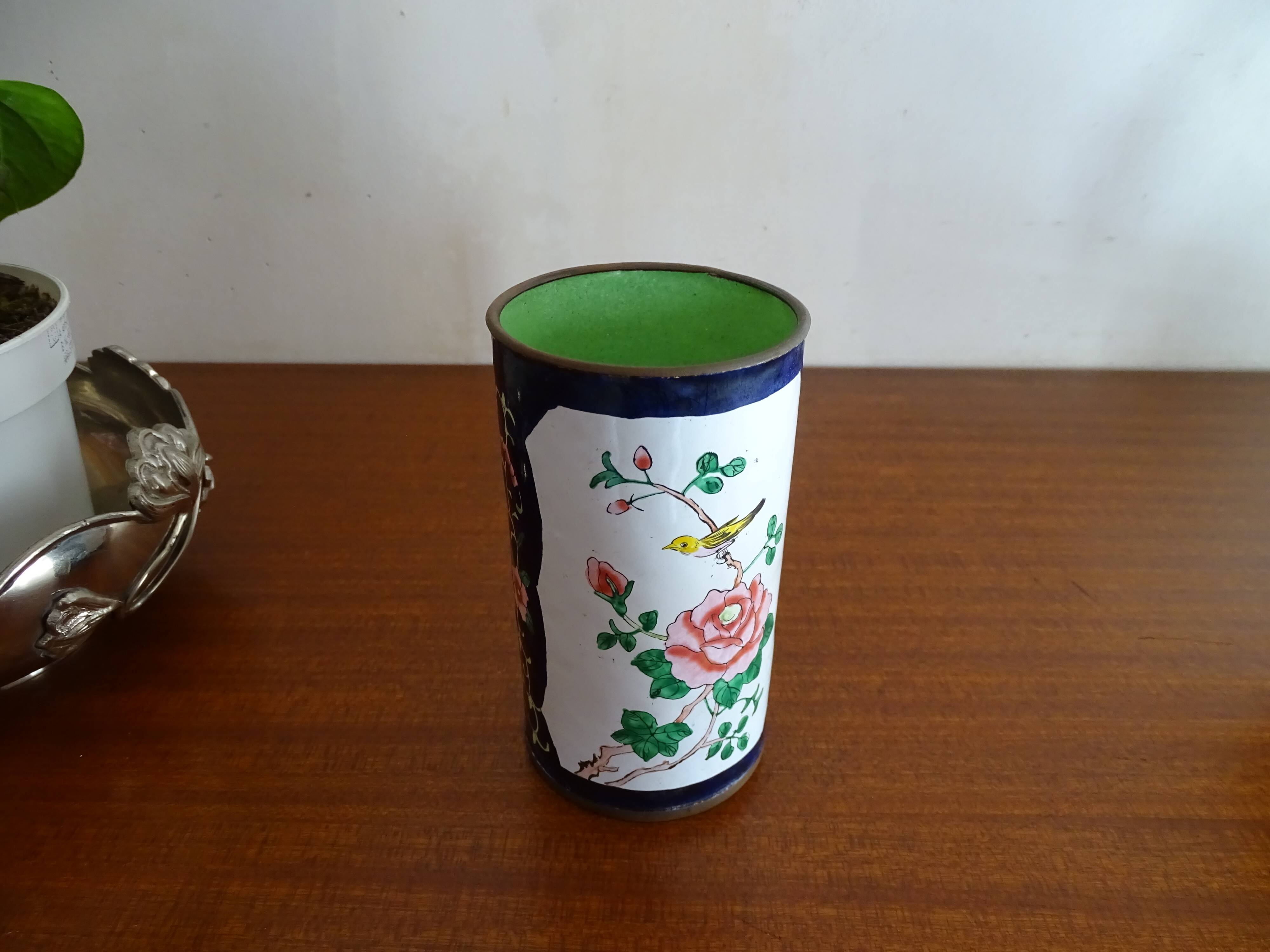 Cloisonné enamel pencil pot on copper