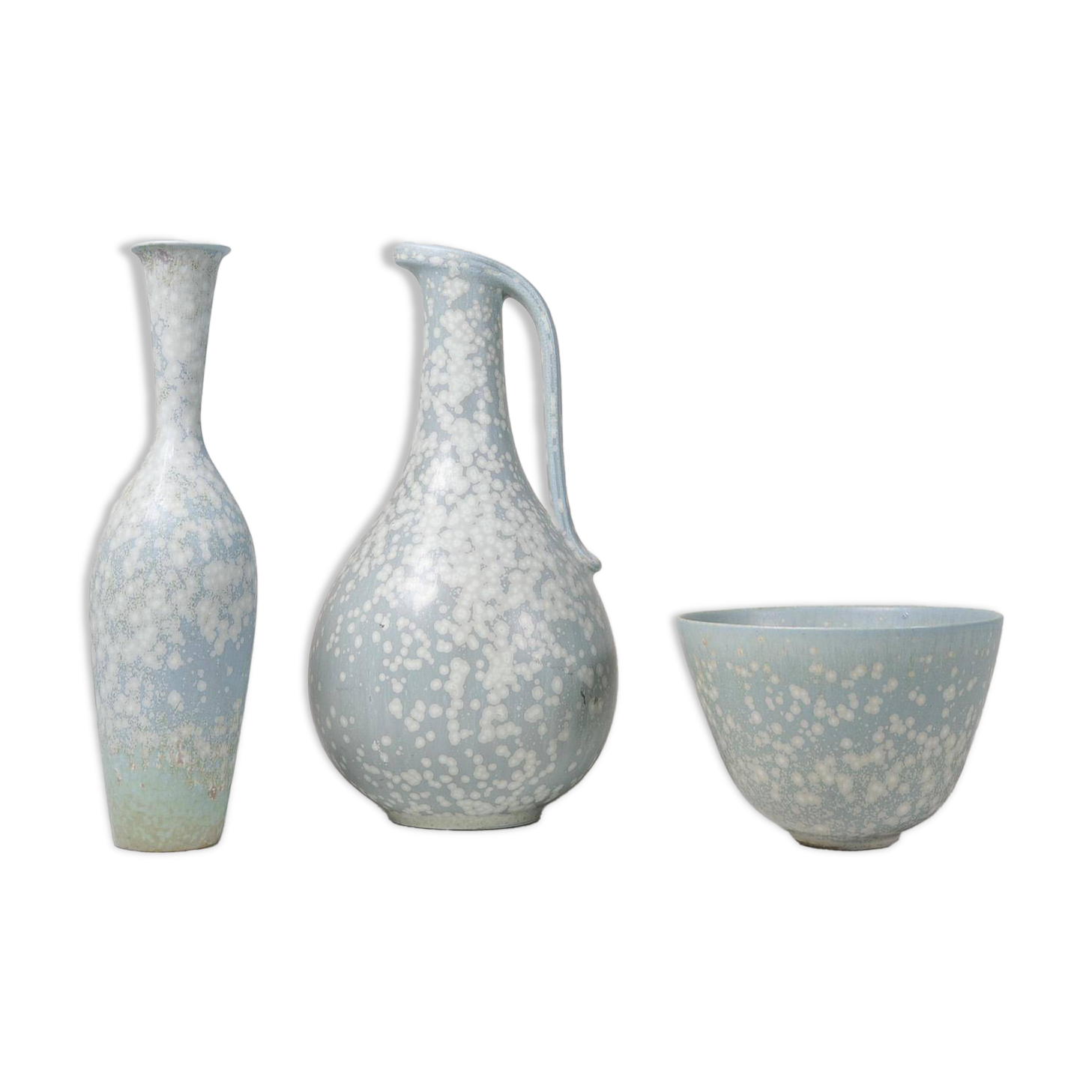 Mid-century modern three-piece ceramic set by Rörstrand, Gunnar Nylund, Sweden, 1950s.