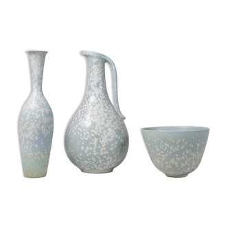 Mid-century modern three-piece ceramic set by Rörstrand, Gunnar Nylund, Sweden, 1950s.