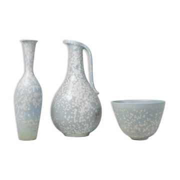 Mid-century modern three-piece ceramic set by Rörstrand, Gunnar Nylund, Sweden, 1950s.