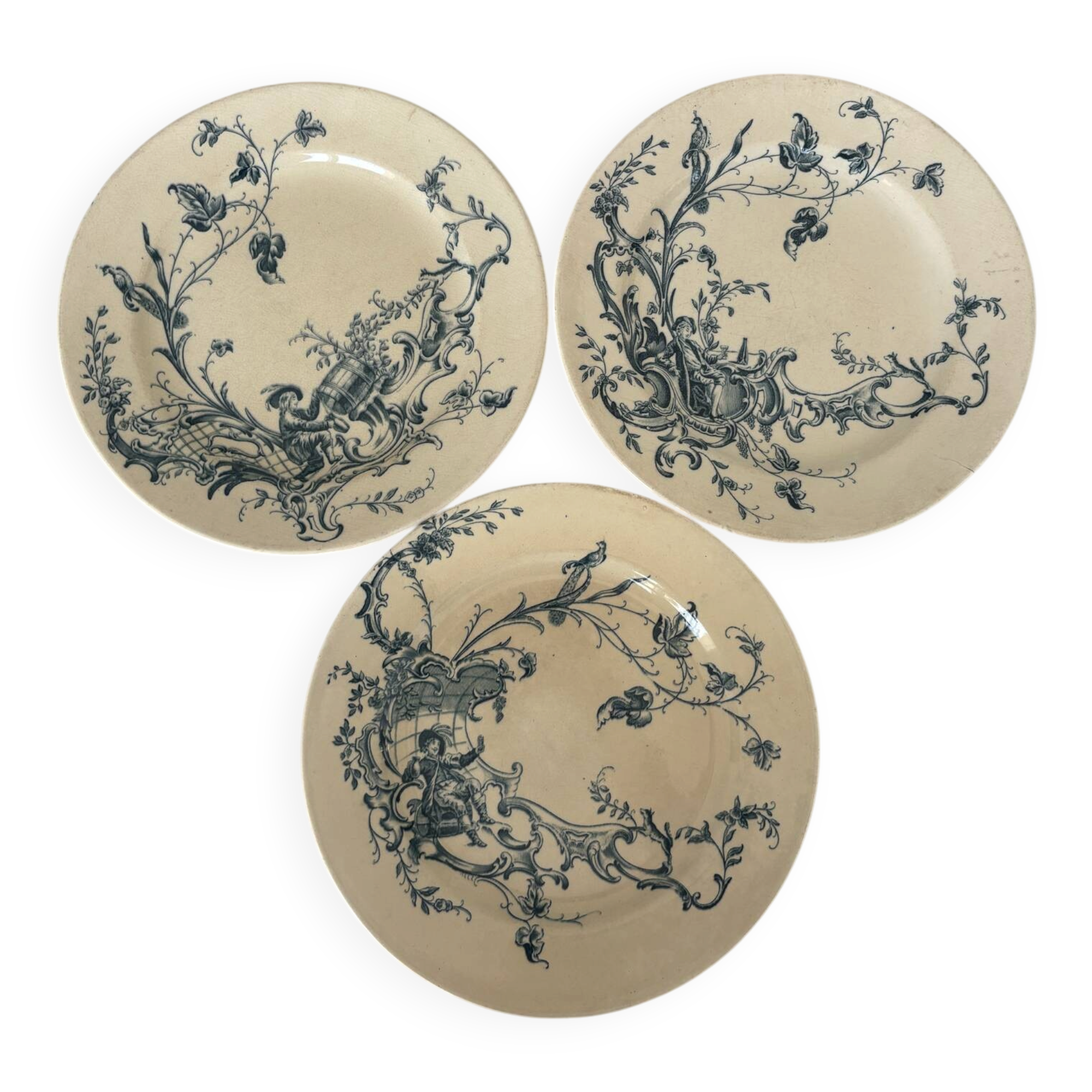 Lot of 3 flat plates, ironstone, Jules Vieillard, model St Buveurs B.