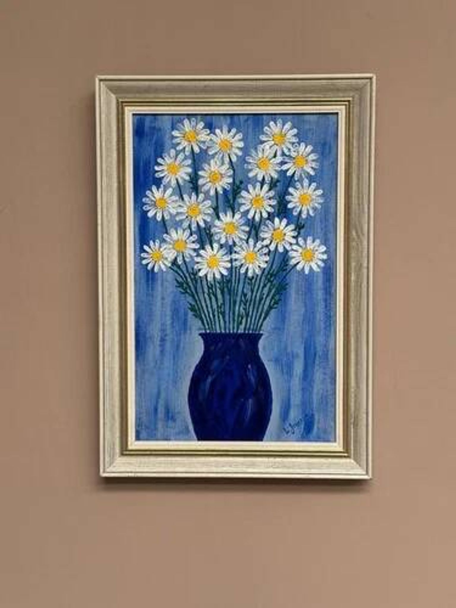 Swedish Oil on Canvas “Blue vase with flowers” by L jonsson Vintage 45x31cm