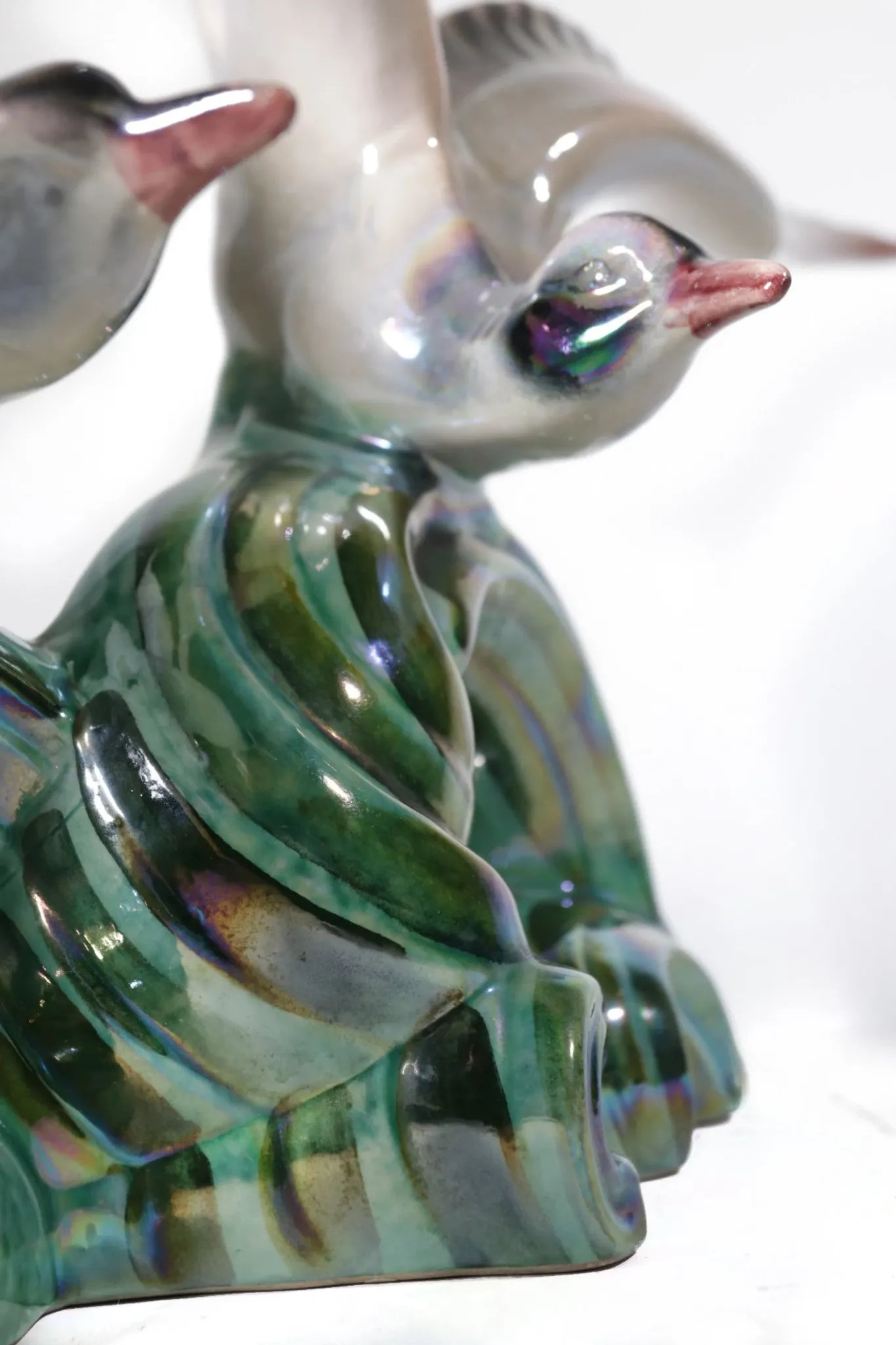 Art deco porcelain sculpture of two flying birds – iridescent, 1920s