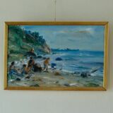 Vintage European oil on canvas – "Beach Scene"