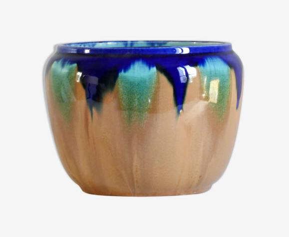 Cache pot art déco de forme ronde en faïence bleu et marron