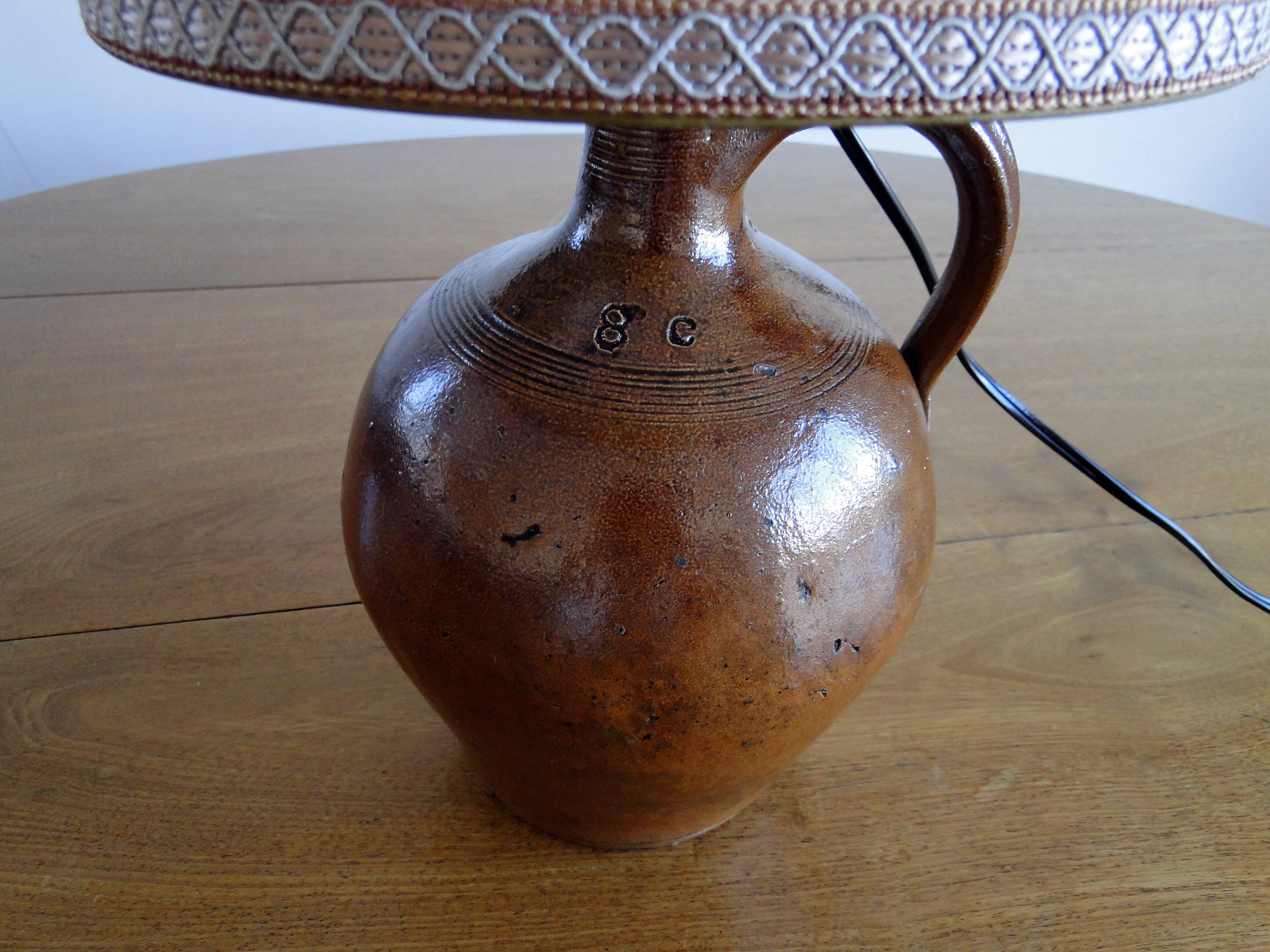 Vintage lamp 60s/70s foot glazed stoneware lampshade woven linen