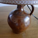 Vintage lamp 60s/70s foot glazed stoneware lampshade woven linen