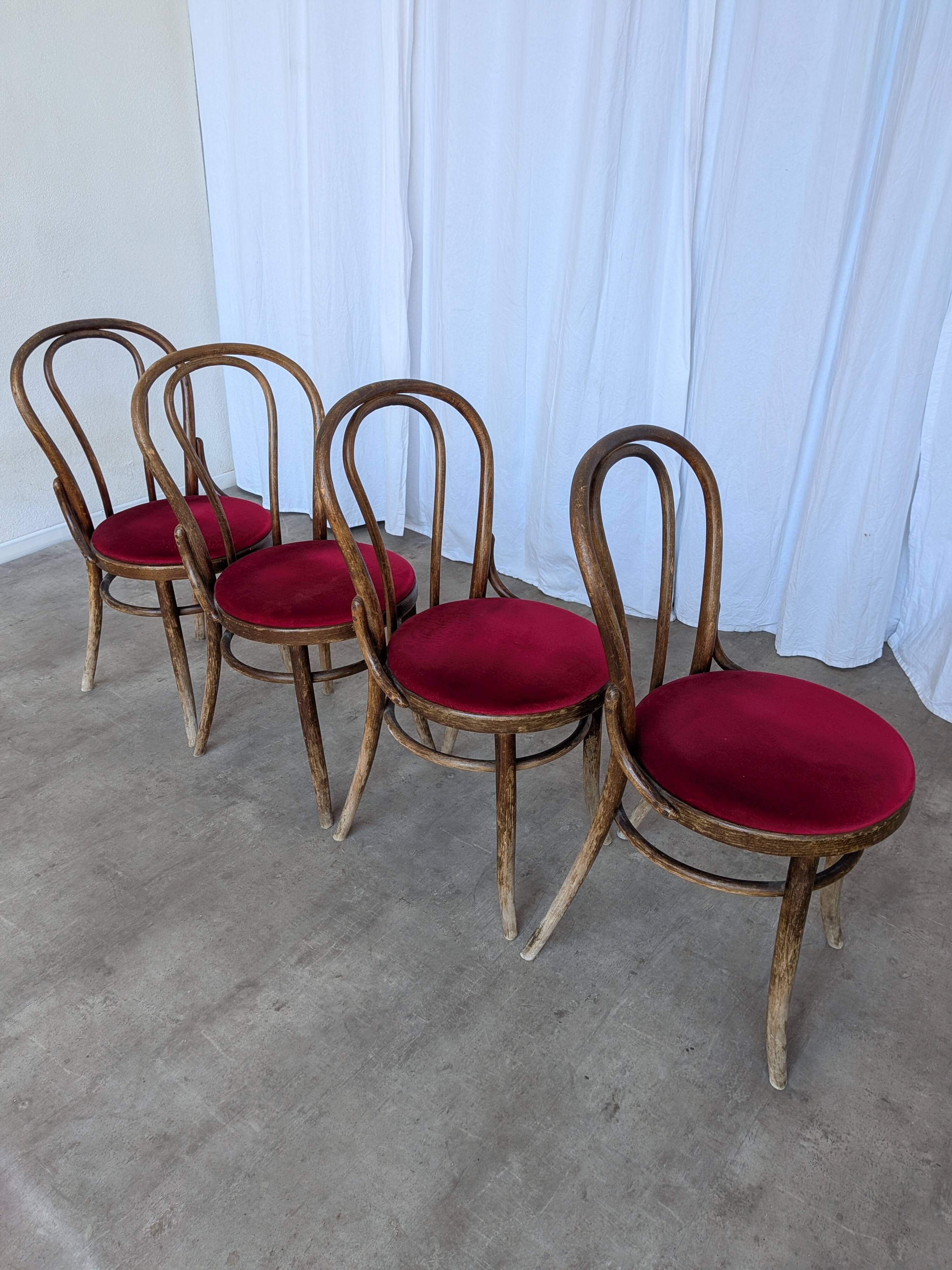 Set of 4 Vintage Bentwood Bistro Chairs, Red Upholstery