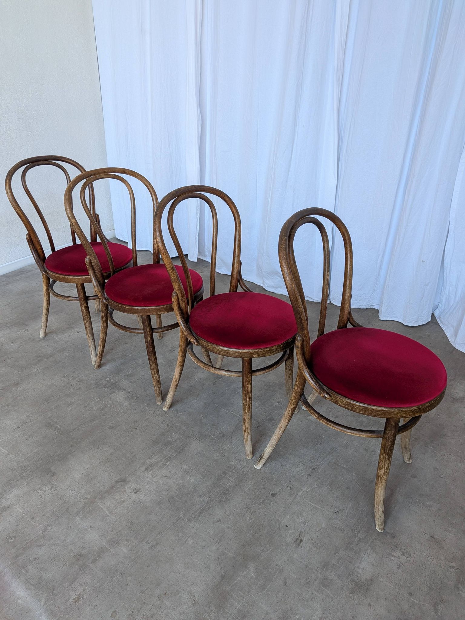 Set of 4 Vintage Bentwood Bistro Chairs, Red Upholstery