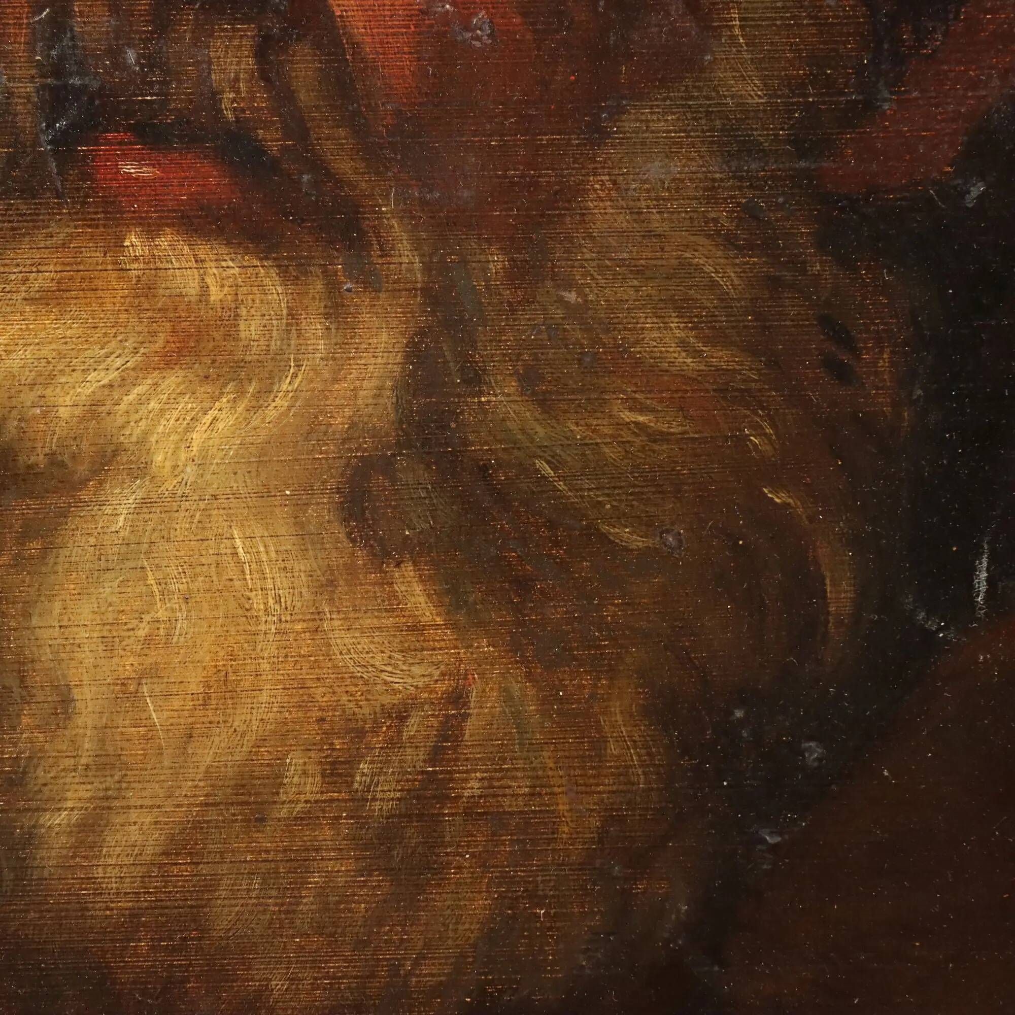 Old painting of a male face in oil on cardboard from the 19th century.