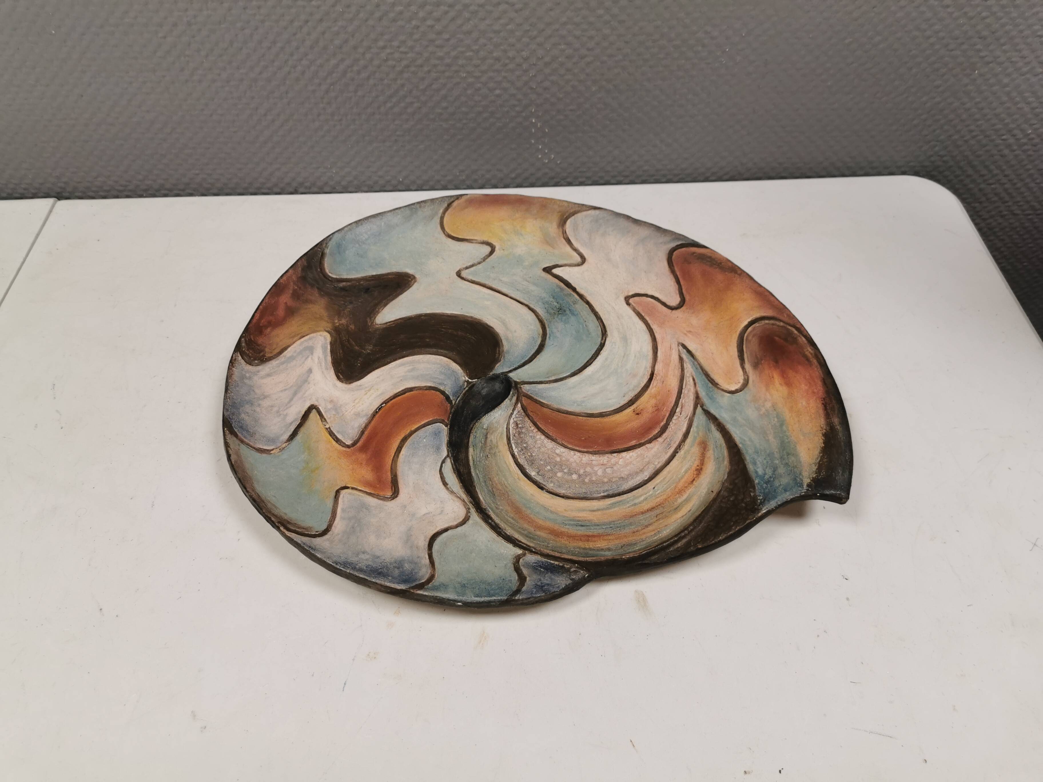 Large handmade decorated ceramic dish. Ruth Grønne Denmark 2001