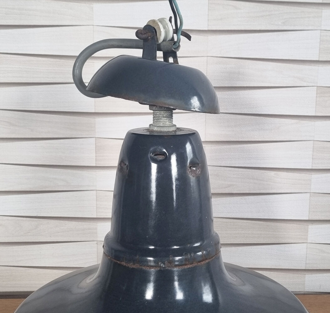 Industrial pendant lamp enamelled blue grey, vintage, 50s
