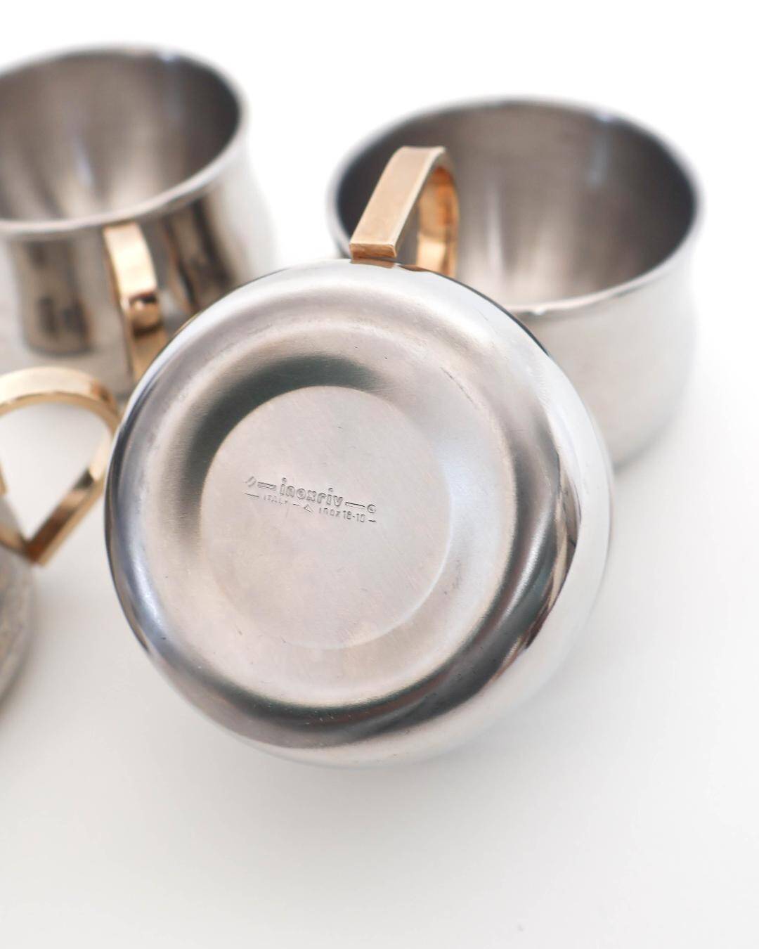 Set of 4 double-walled stainless steel espresso cups and saucer Made in Italy, Design 1970