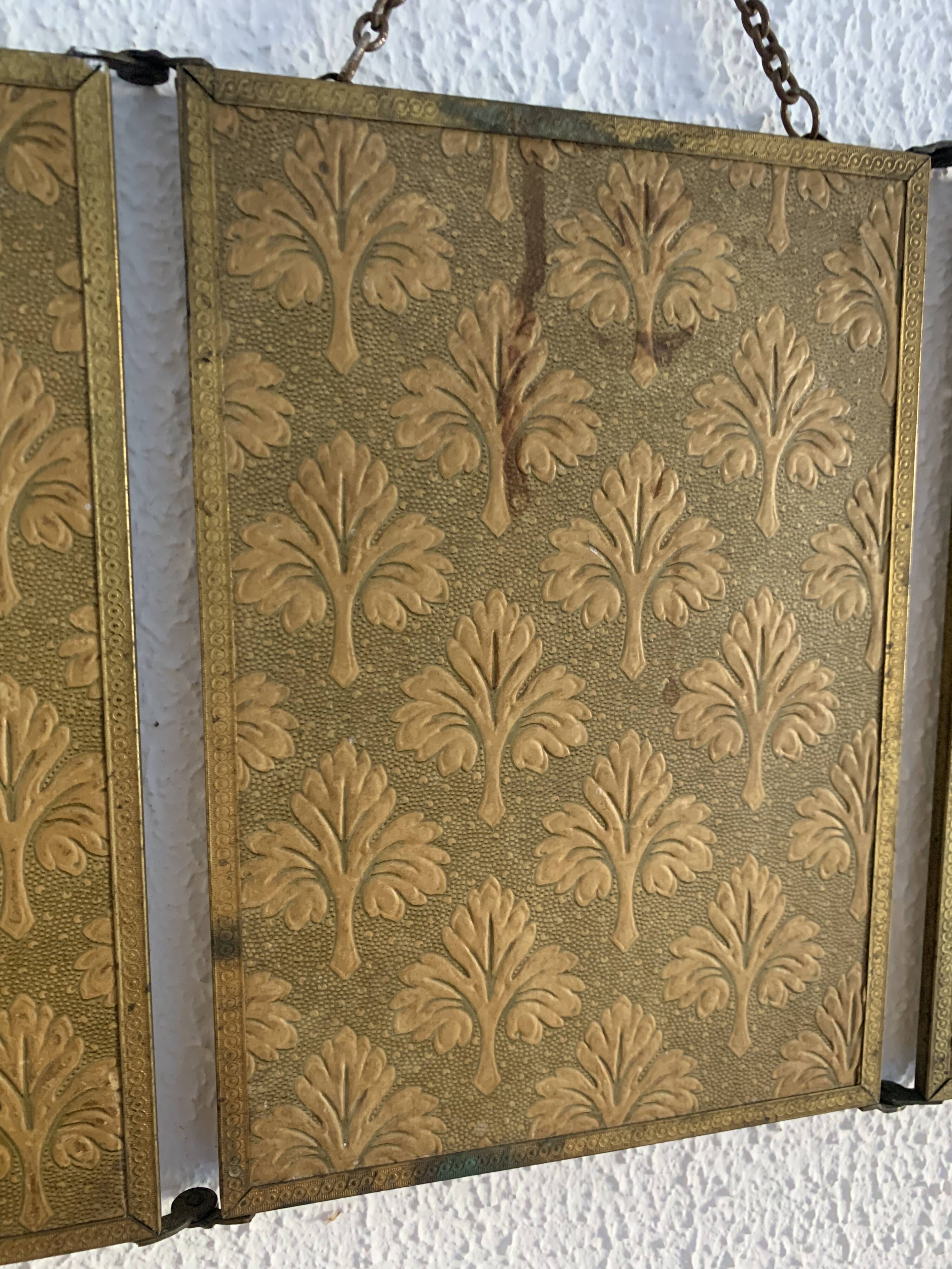 Miroir vintage 1900 triptyque barbier Art Nouveau doré - 21 x 48 cm