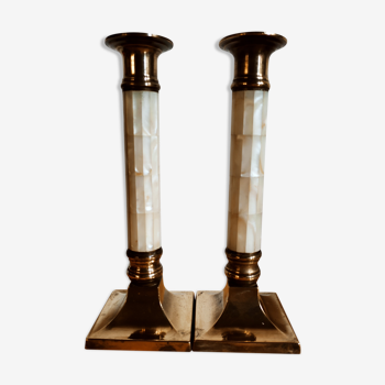 Duo of art deco candle holders mother-of-pearl and brass