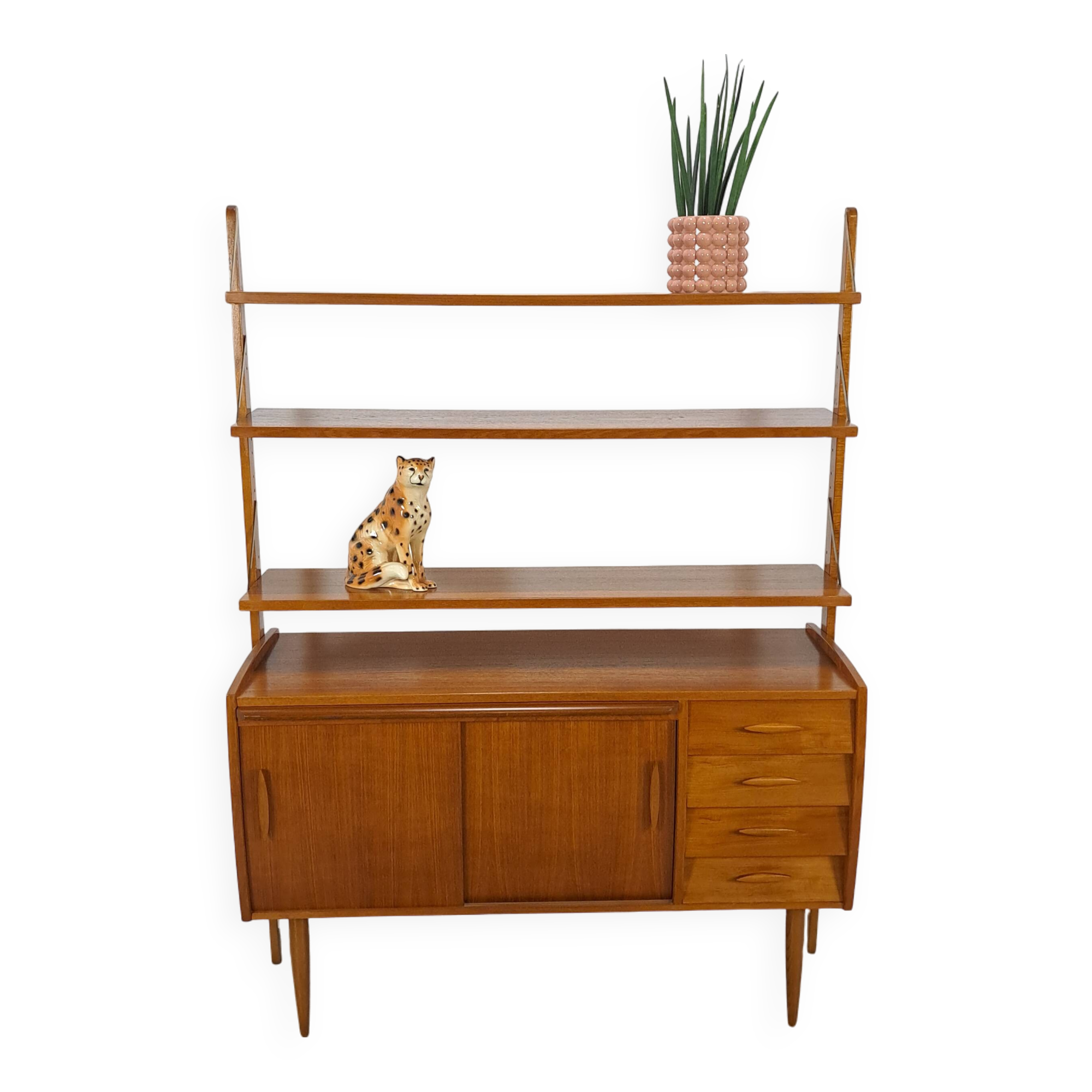 Meuble mural scandinave en teck avec étagères, tiroir et bureau