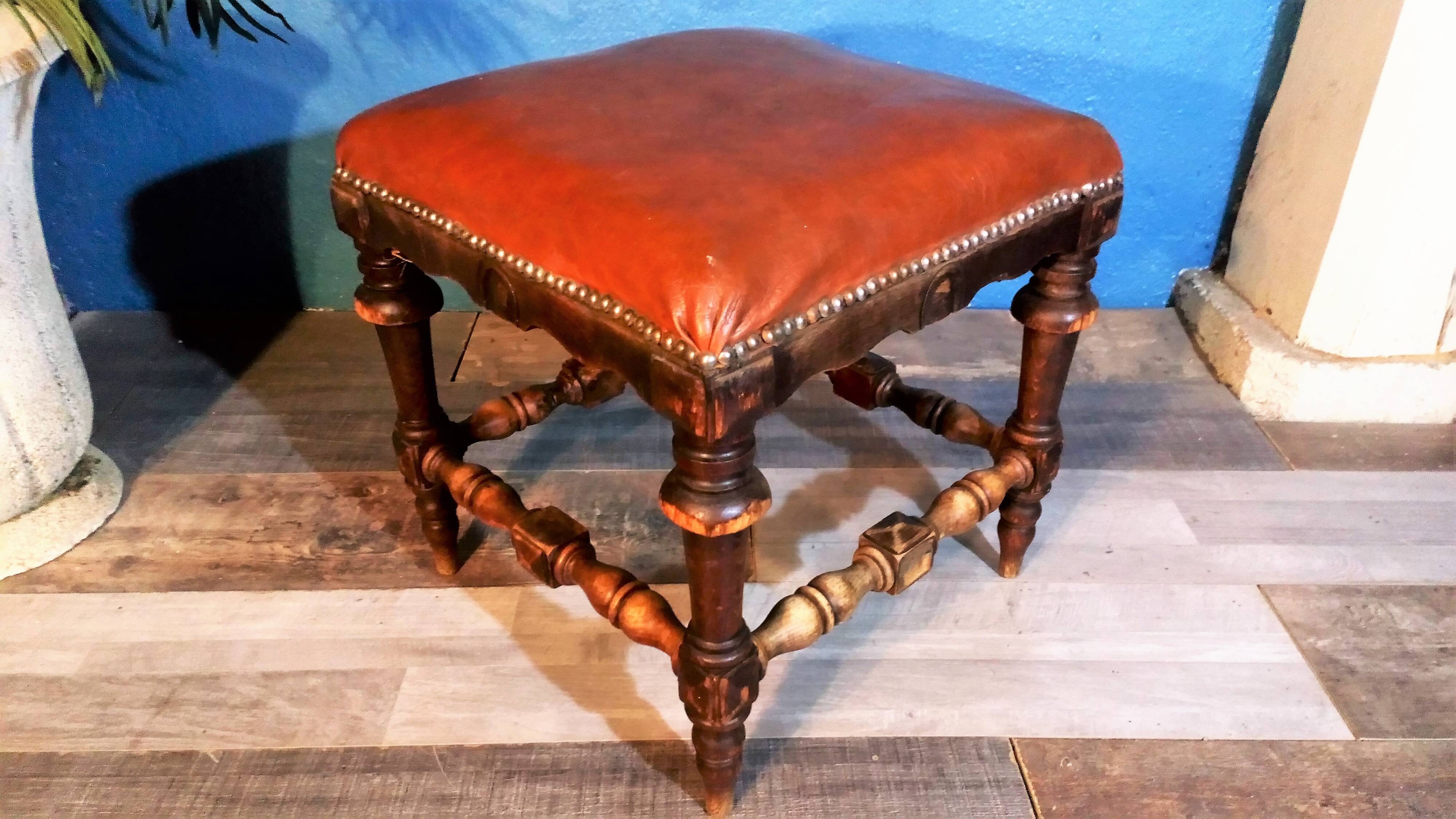 Wood and leather stool 1900s