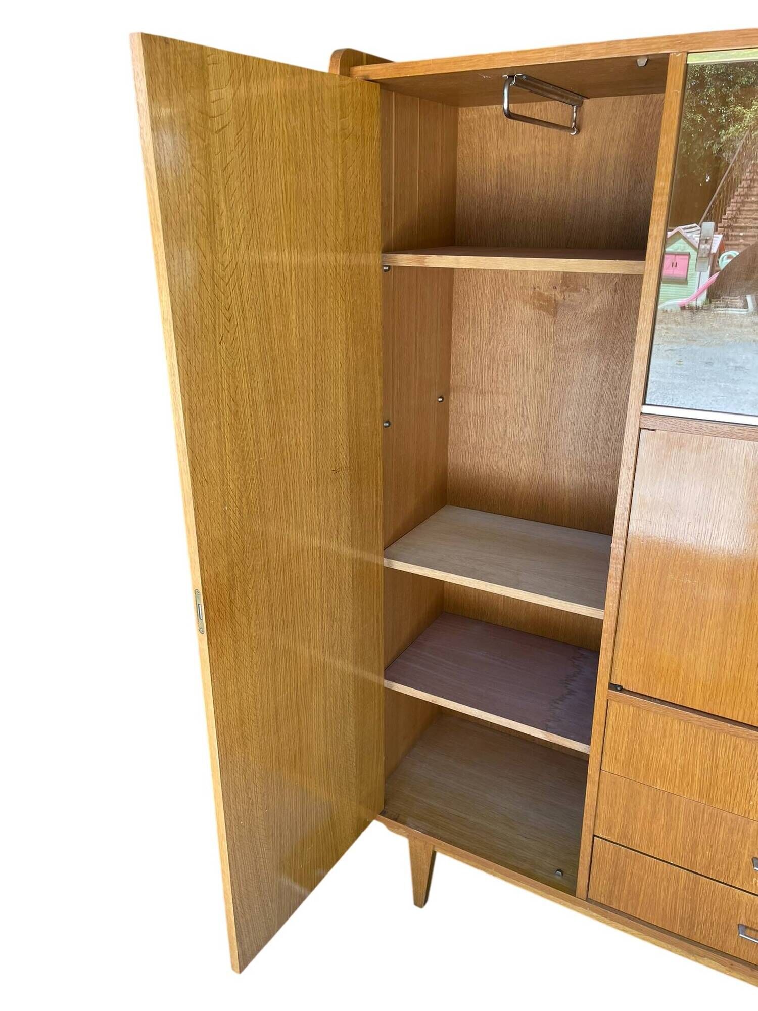 Large wardrobe / Vintage 1960s / 1970s wardrobe with glass doors & drawers