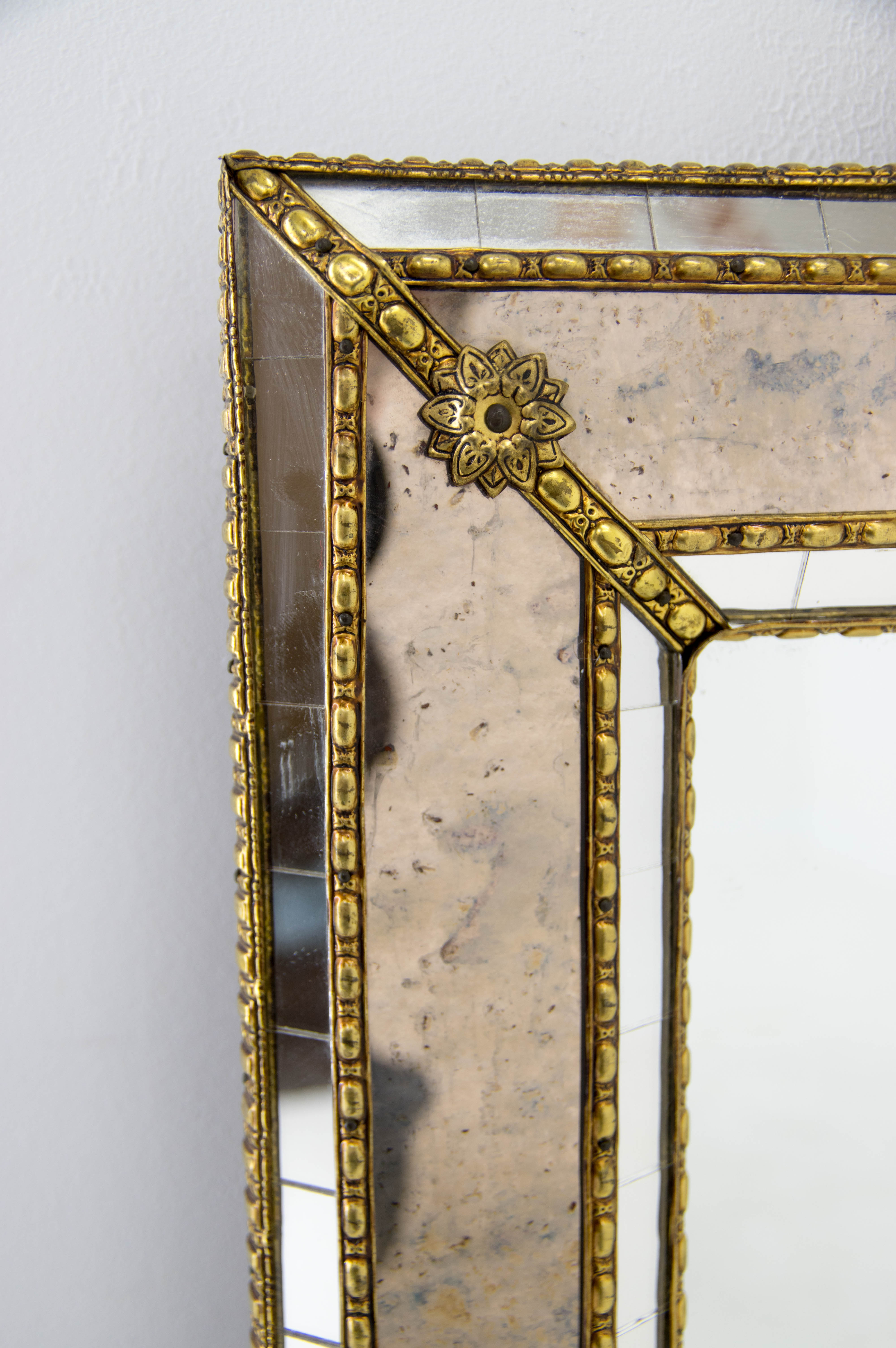 Multi-facets mirror with brass garlands, france, 1970s