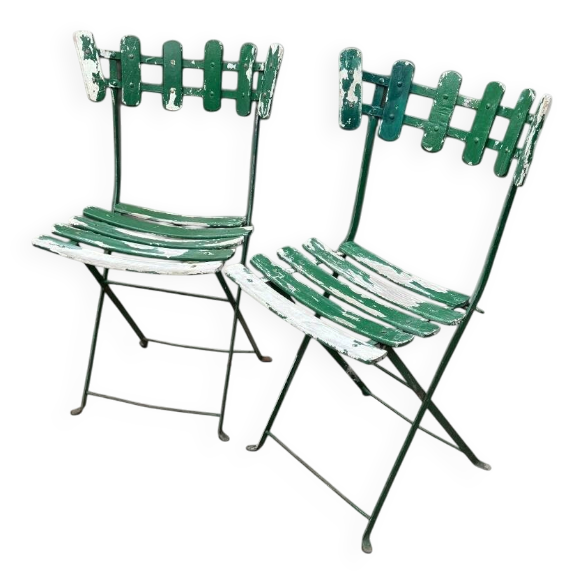 Pair of original patinated folding Parisian bistro chairs.