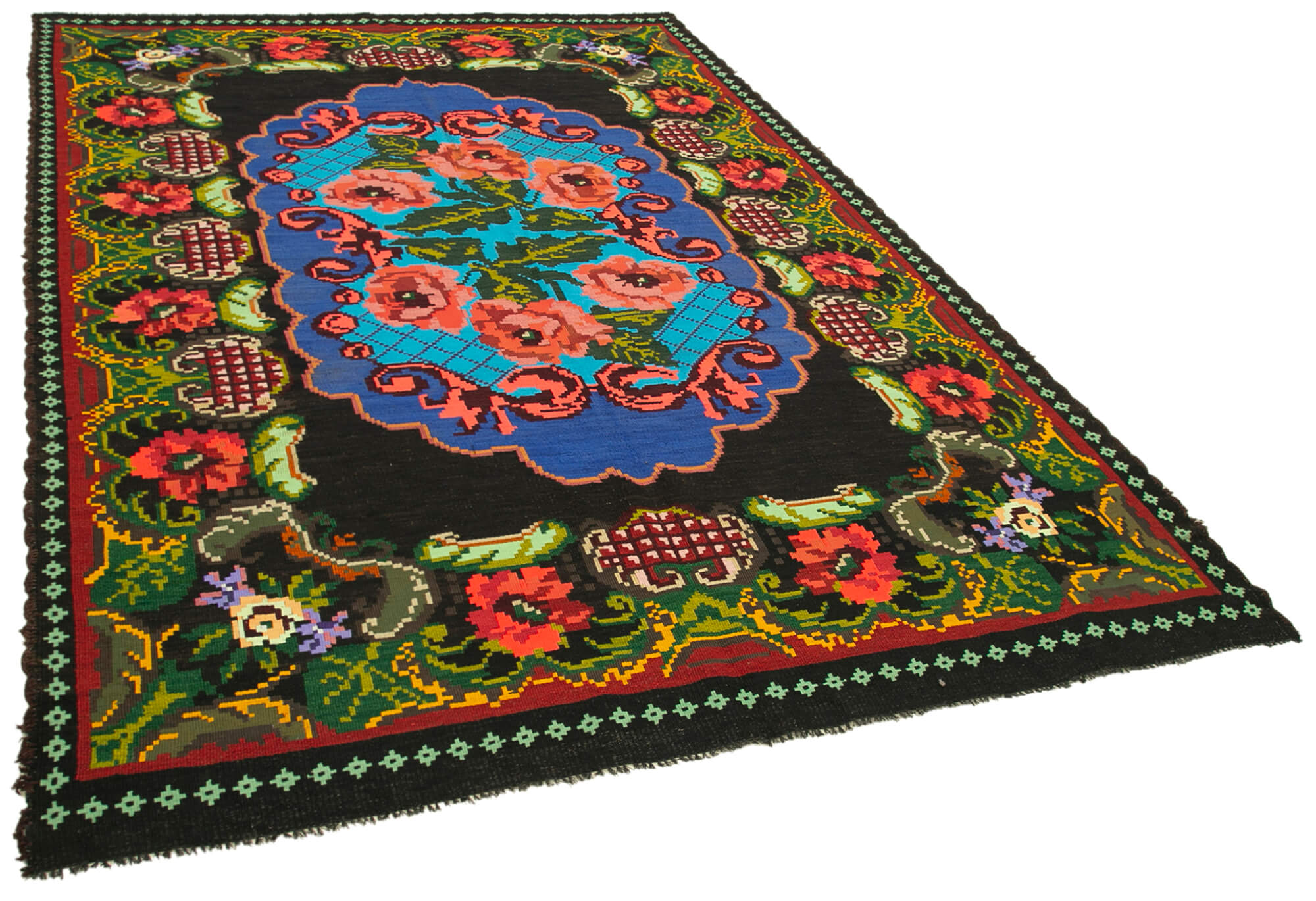 Handmade Vintage Moldovian Black Kilim 200 cm