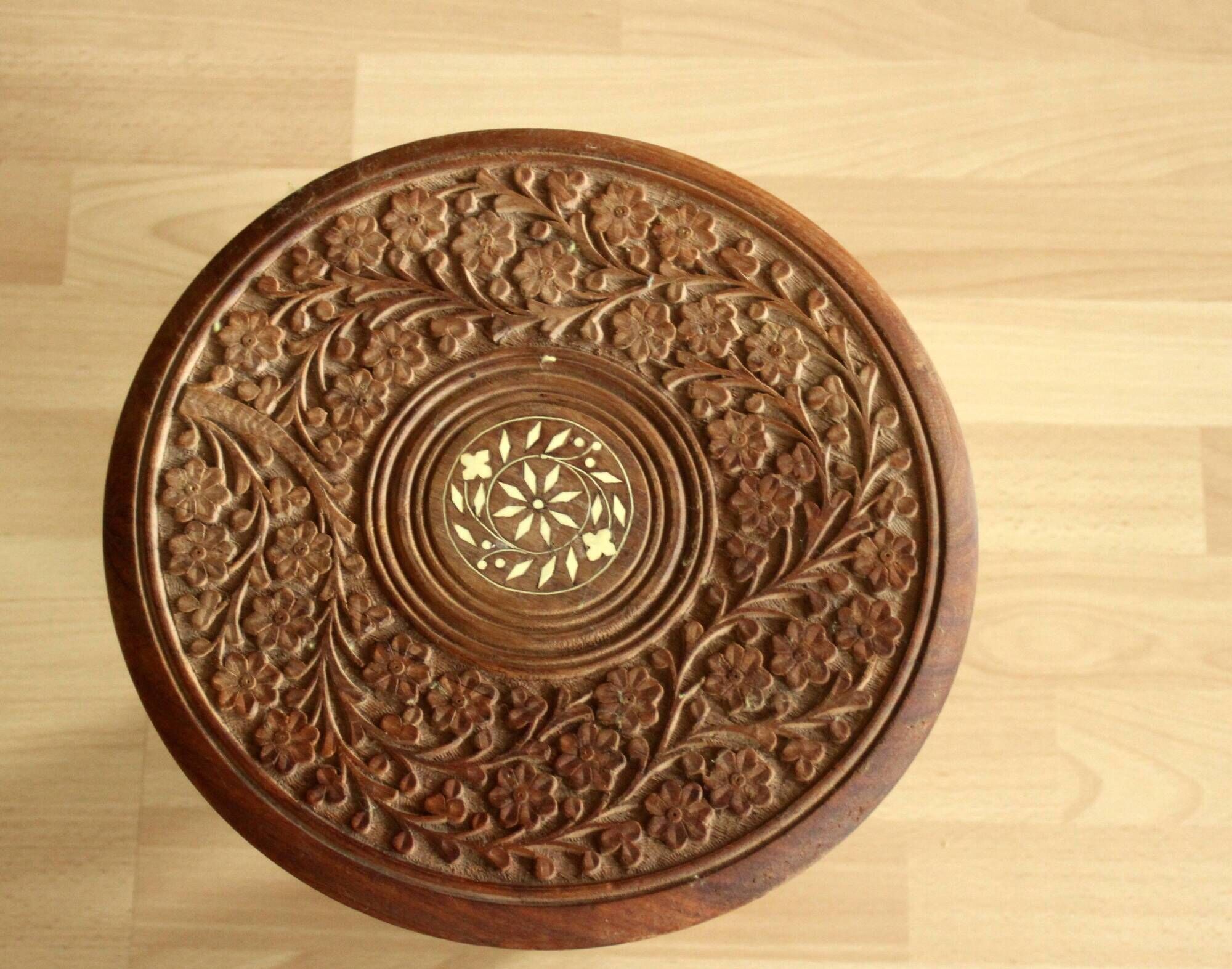 Handmade hand carved wooden plant stand, vintage from the 1970s