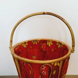 Knitting worker basket basket with rattan and fabric 70s