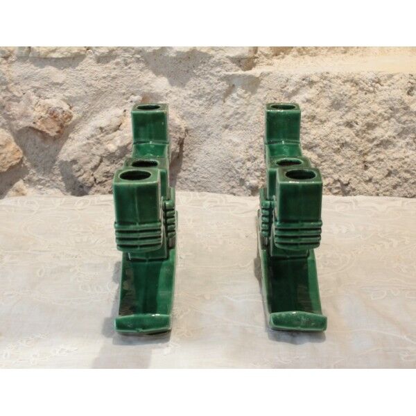 Pair of three-light candlesticks in green ceramic from around 1950-1960.