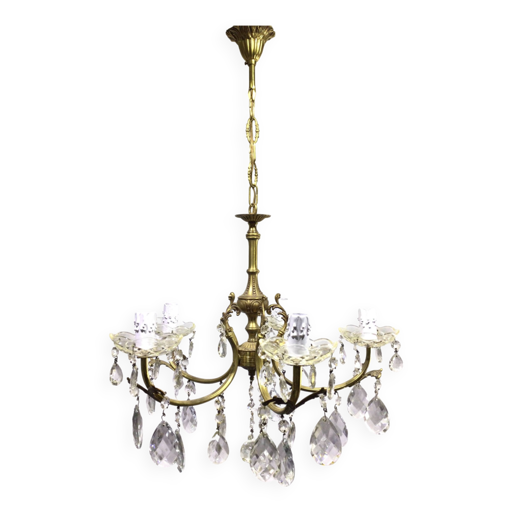 Ancien Lustre à Pampilles Laiton Et Strass Swarovski - Autriche