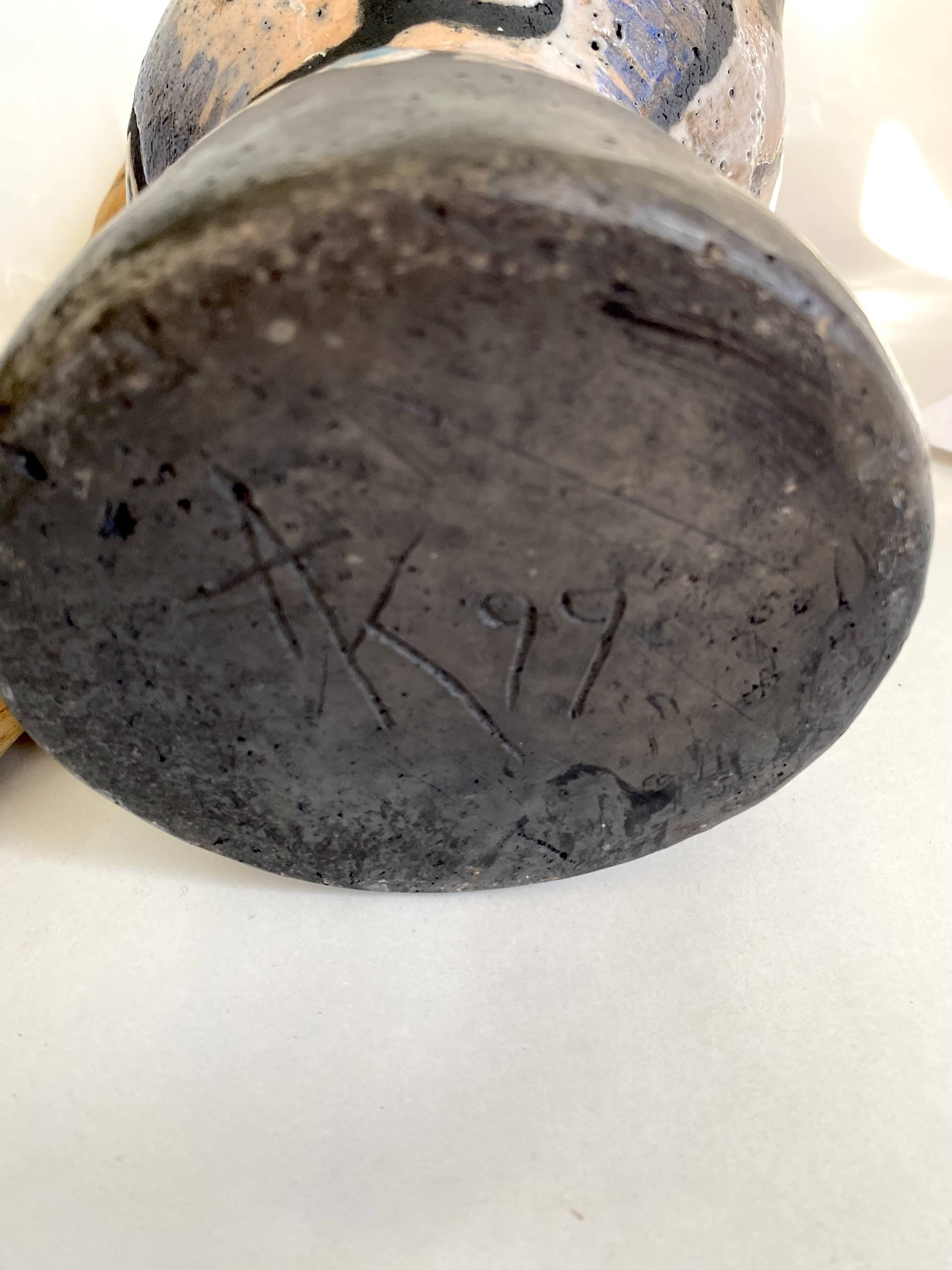 Ceramic and wood pitcher vase, 1980s