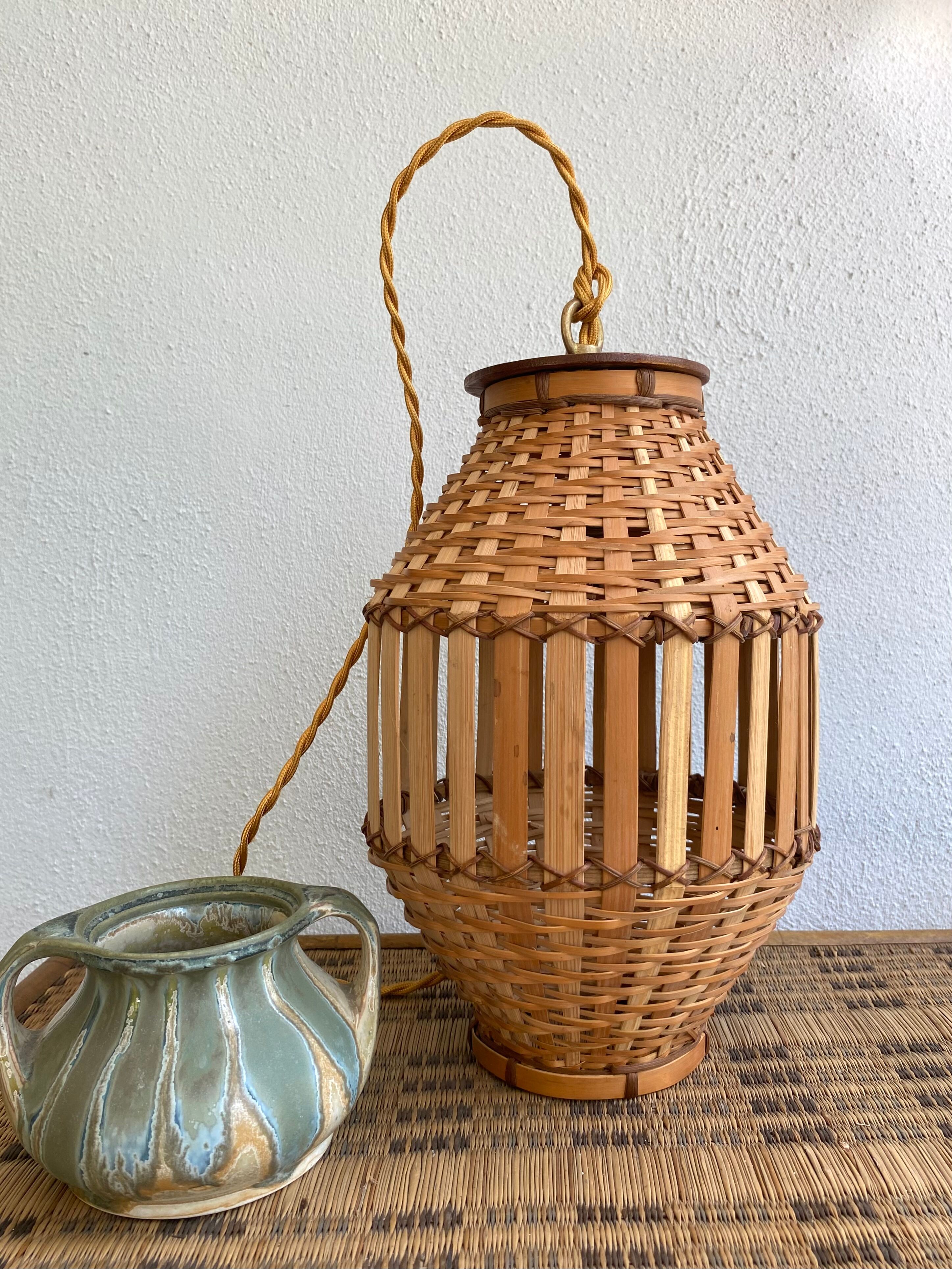 Pendant lamp, fabric cable 2 m, Asian bamboo, 1980