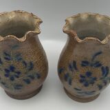 Pair of vintage pottery vases with floral decoration and glaçureau sel