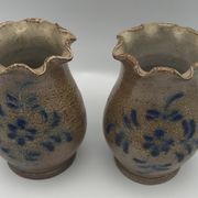 Pair of vintage pottery vases with floral decoration and glaçureau sel