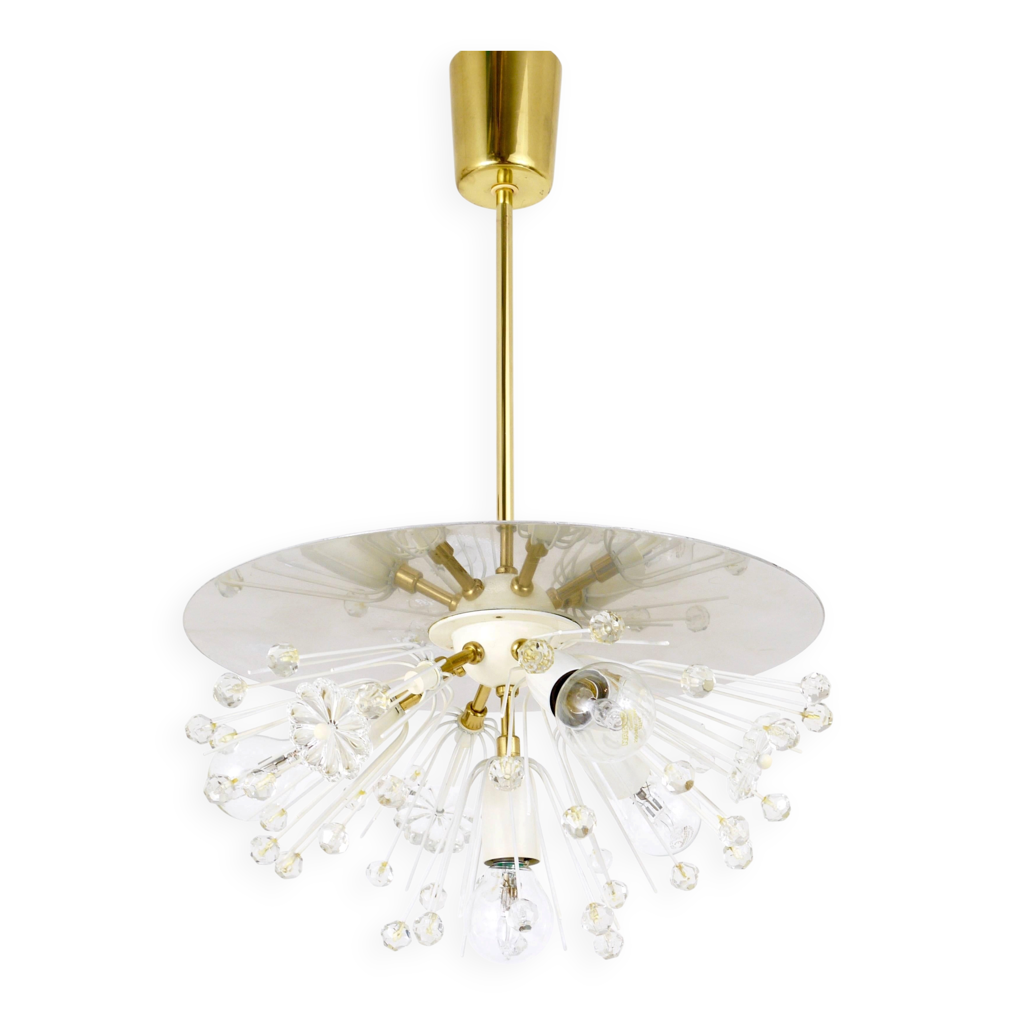 Emil Stejnar Lustre Blowball en Laiton et Cristal, Rupert Nikoll, Autriche, Années 1950