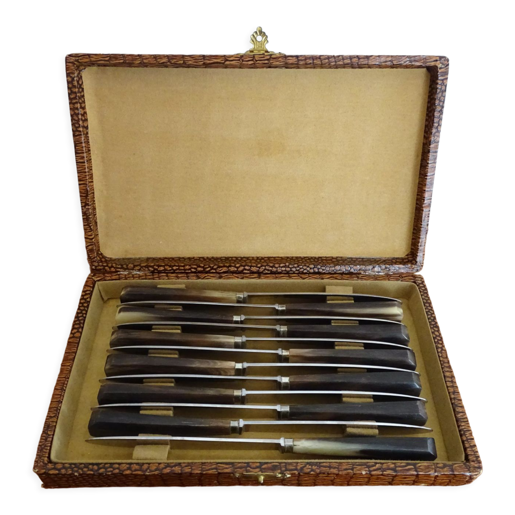 12 vintage Pradel cheese knives horn and stainless steel handles in case