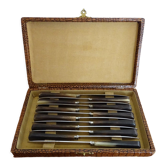 12 vintage Pradel cheese knives horn and stainless steel handles in case