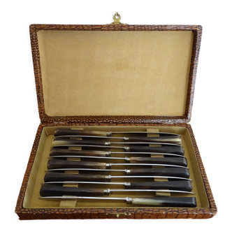 12 vintage Pradel cheese knives horn and stainless steel handles in case