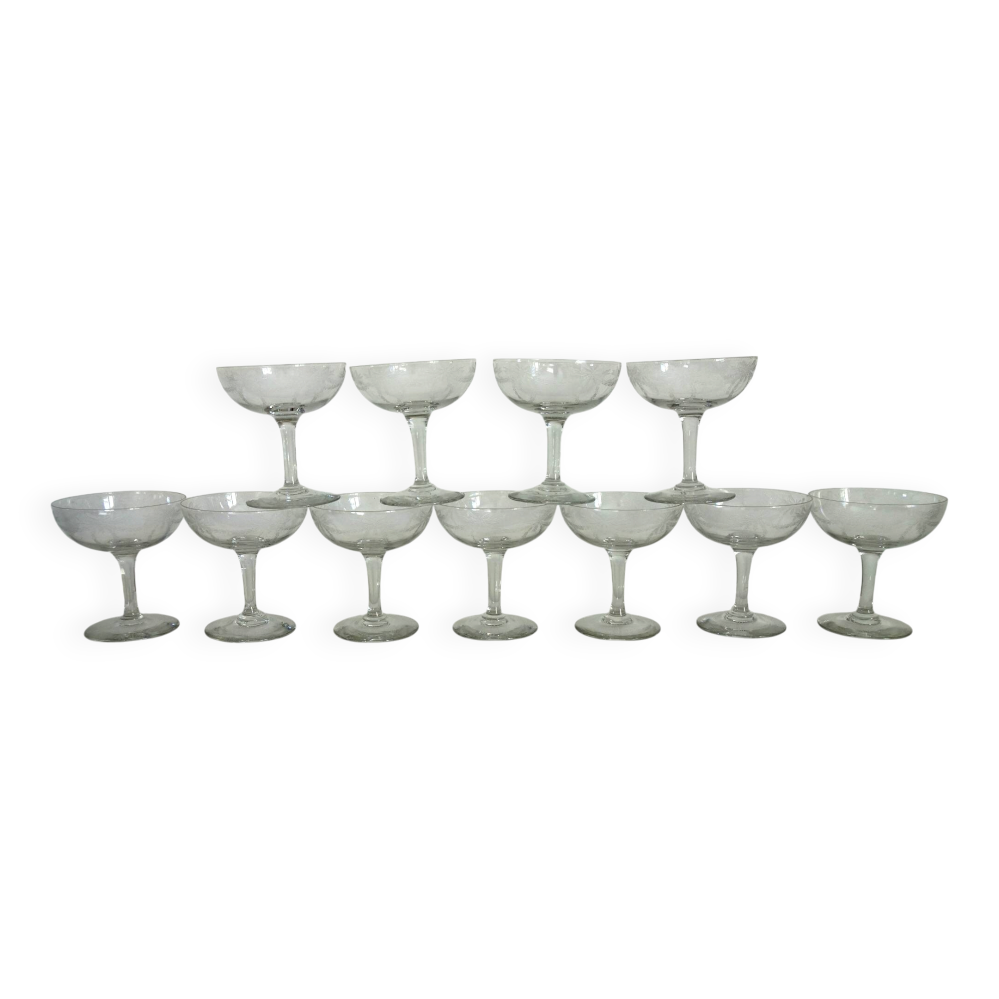 11 vintage engraved crystal champagne coupes