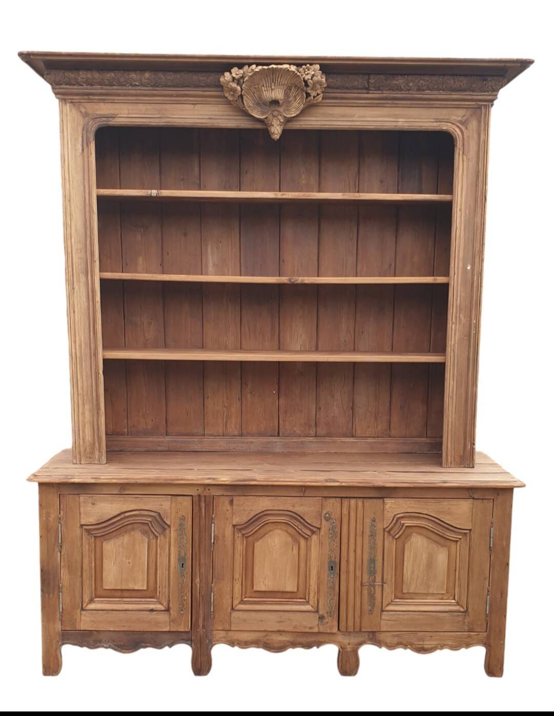 Natural wood bookcase with 3 doors and shelves