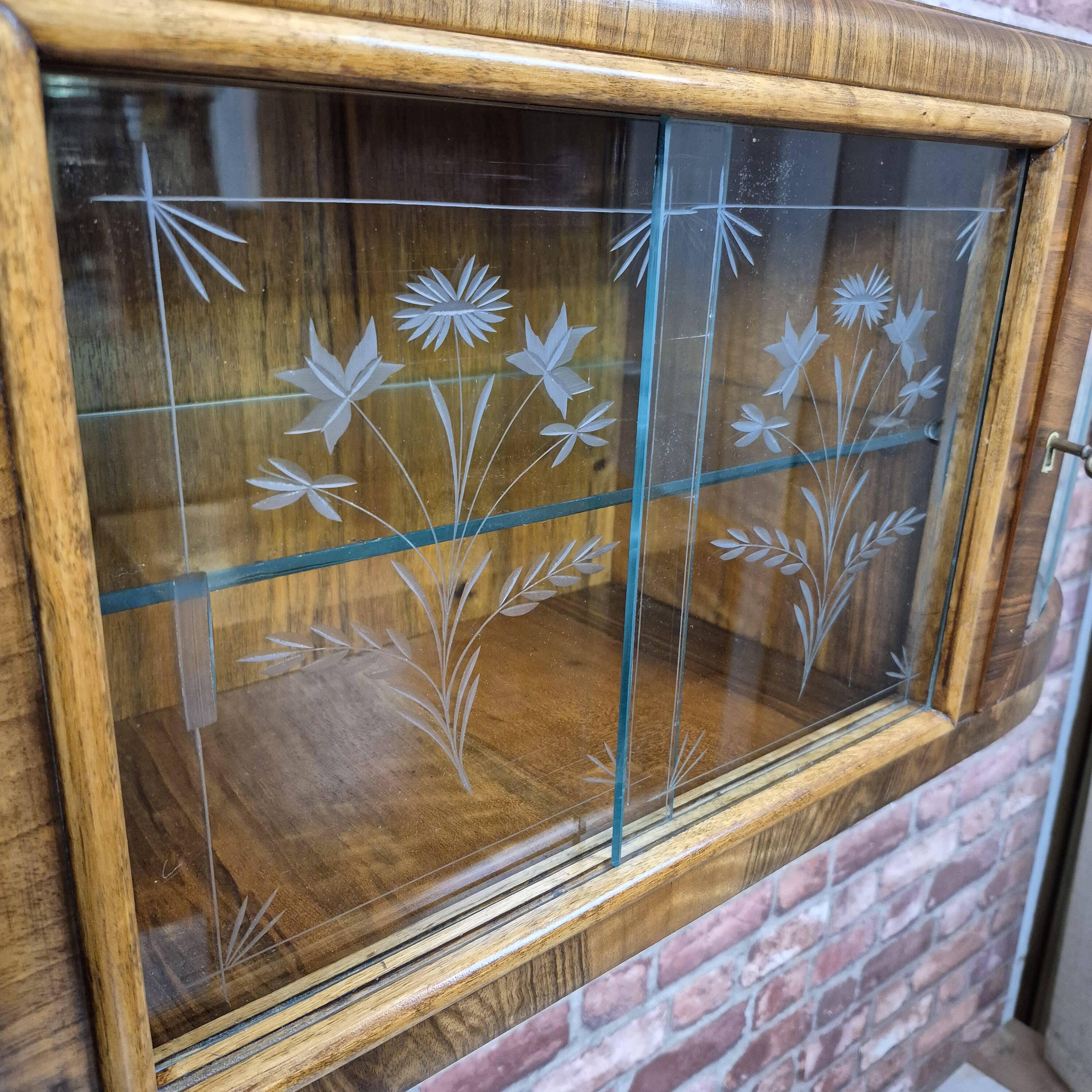 Upcycled Art Deco Walnut Wall Cabinet with Engraved and Slatted Glass - 193