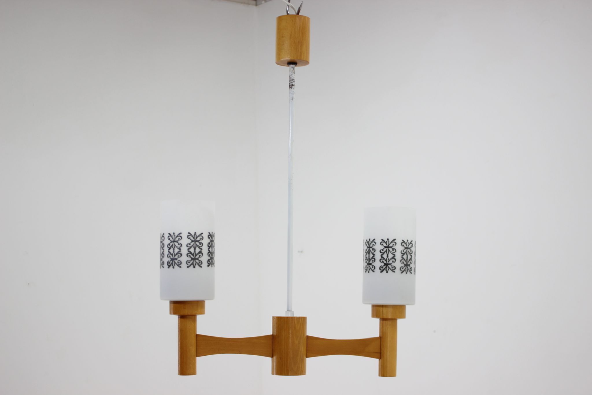 1980s wood and glass pendant light, Czechoslovakia